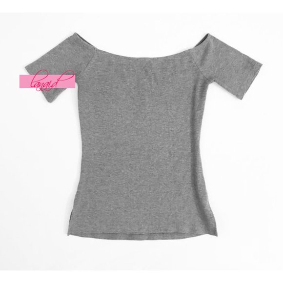 Halston Off-The-Shoulder V-Neck Short Sleeve Ribbed Stretchy Heathered Grey Top - Picture 2 of 6
